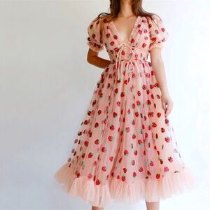 Tulle Pink Strawberry Dress Sparkle Puff Sleeve Sheer Princess Gown Fruit Ruffle